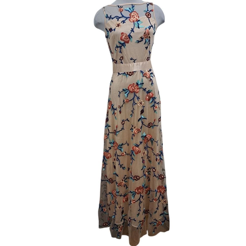 All Over Floral Embroidered Overlay Mesh Boho Maxi Dress Multi-Color Medium